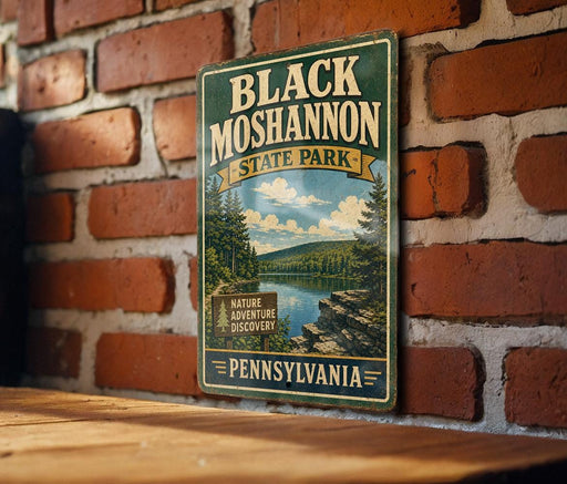 A vintage-style metal sign for Black Moshannon State Park in Pennsylvania, featuring a scenic landscape with a lake and mountains.