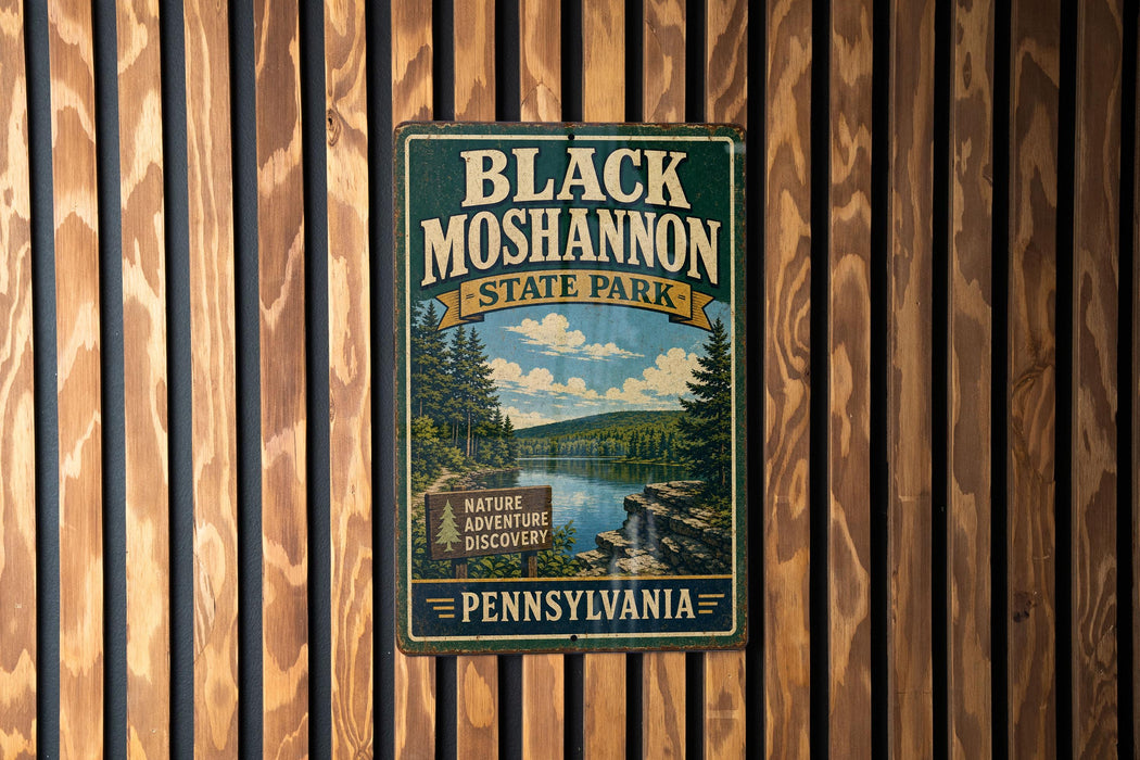 A vintage metal sign for Black Moshannon State Park in Pennsylvania, featuring a scenic landscape with pine trees and a lake.