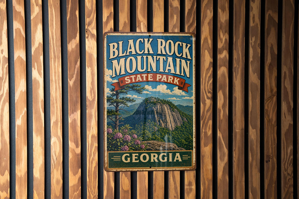 A vintage metal sign for Black Rock Mountain State Park in Georgia, featuring a scenic mountain landscape with pine trees and a blue sky.