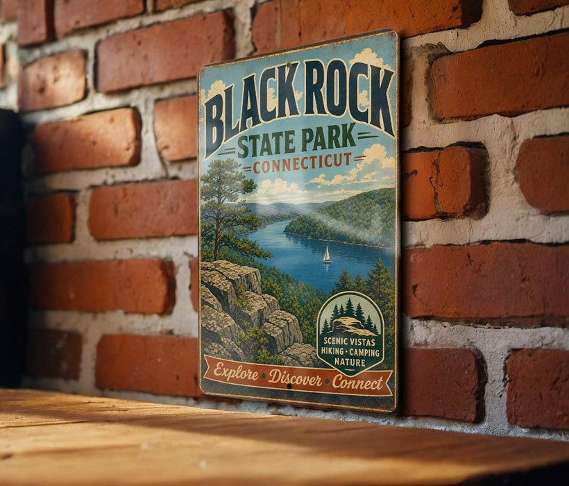 A vintage-style metal sign for Black Rock State Park in Connecticut, featuring a scenic landscape with a lake, mountains, and a sailboat.