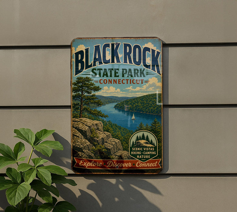A vintage-style metal sign for Black Rock State Park in Connecticut, featuring a scenic landscape with a lake, mountains, and pine trees.