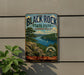 A vintage-style metal sign for Black Rock State Park in Connecticut, featuring a scenic landscape with a lake, mountains, and pine trees.