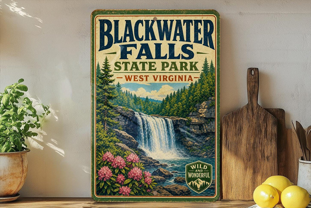 A vintage-style sign for Blackwater Falls State Park in West Virginia, featuring a waterfall surrounded by pine trees and pink flowers.