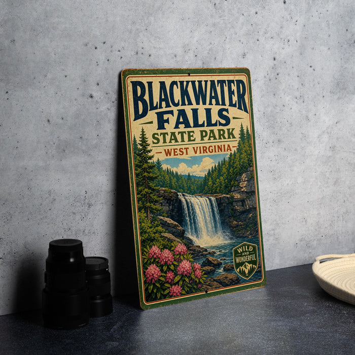 A vintage-style sign for Blackwater Falls State Park in West Virginia, featuring a waterfall surrounded by pine trees and pink flowers.
