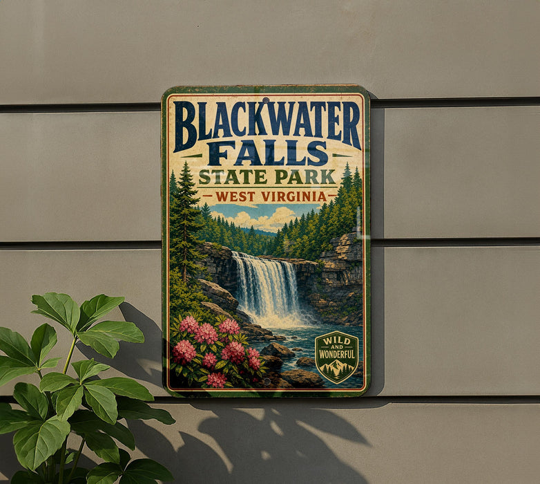 A vintage-style sign for Blackwater Falls State Park in West Virginia, featuring a scenic image of the waterfall surrounded by pine trees and pink flowers.