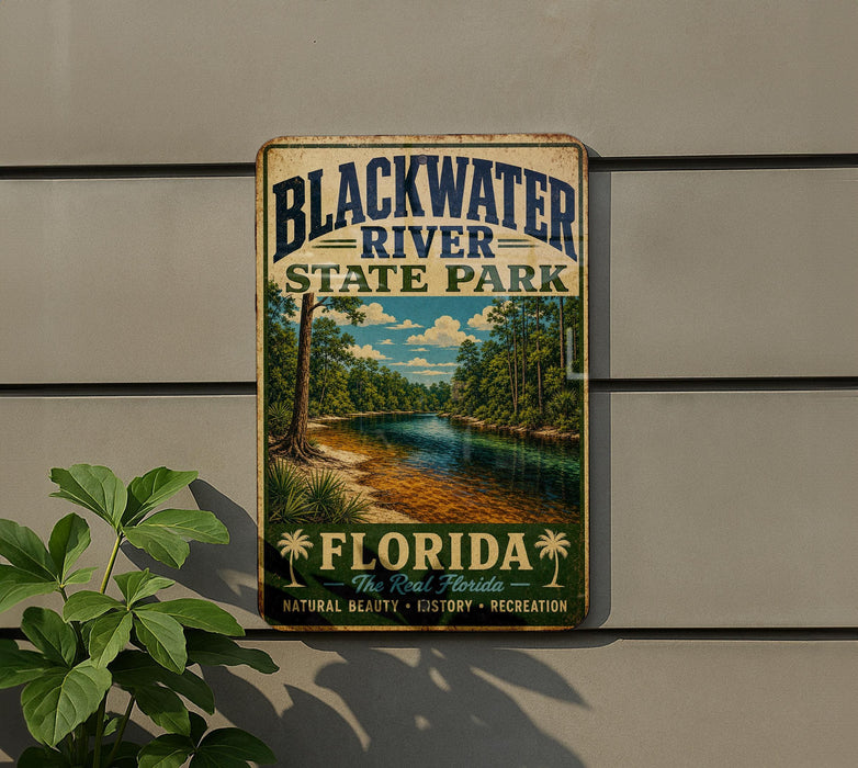 A vintage-style sign for Blackwater River State Park in Florida, featuring a scenic image of the river surrounded by lush greenery.