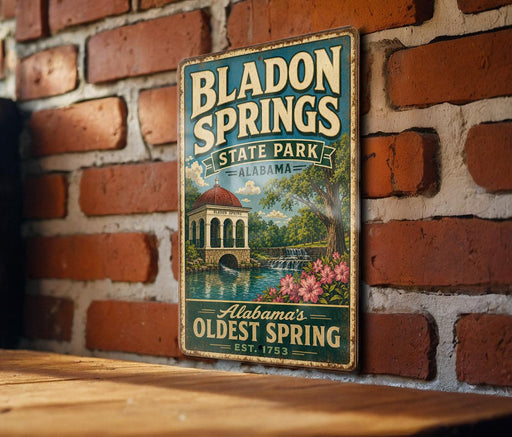A vintage-style sign for Bladen Springs State Park in Alabama, featuring a scenic illustration of the park's landmark.