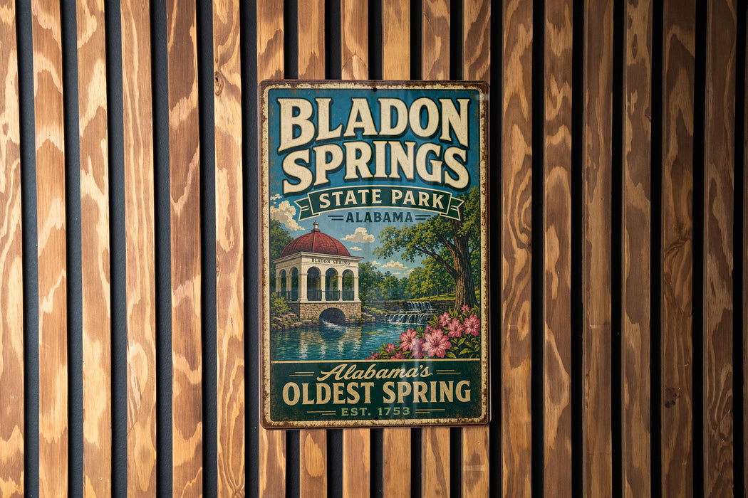 A vintage metal sign for Bl Donkey Springs State Park in Alabama, featuring a scenic image of the park and a fountain.