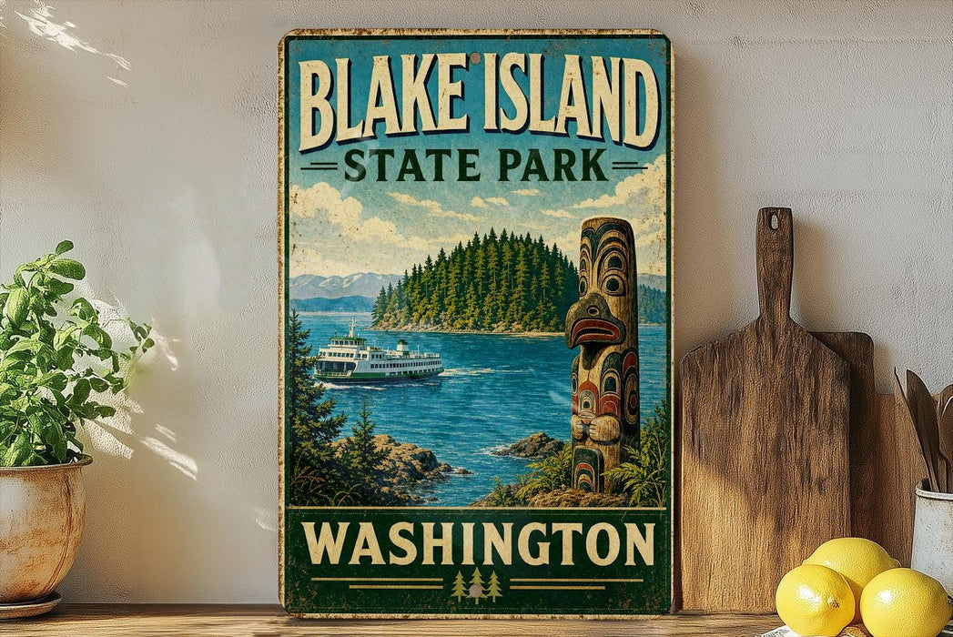 A vintage-style sign for Blake Island State Park in Washington, featuring a scenic image of the park and a boat on the water.