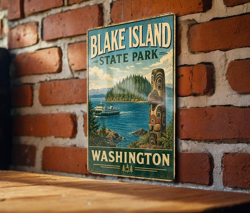A vintage-style metal sign for " Blake Island State Park" is displayed on a brick wall, featuring a scenic image of the park and a boat on the water.