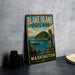 A vintage-style sign for "BLAKE ISLAND STATE PARK" in Washington, featuring a scenic image of the park and a boat on the water.