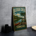 A vintage-style metal sign for Bledsoe Creek State Park in Tennessee, featuring a canoe and a scenic landscape.