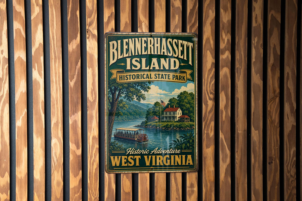 A vintage-style metal sign for Blennerhasselt Island, Historic State Park, West Virginia, featuring a scenic illustration of a river and a houseboat.