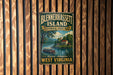A vintage-style metal sign for Blennerhasselt Island, Historic State Park, West Virginia, featuring a scenic illustration of a river and a houseboat.