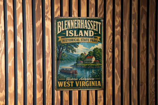 A vintage-style metal sign for Blennerhasselt Island, Historic State Park, West Virginia, featuring a scenic illustration of a river and a houseboat.