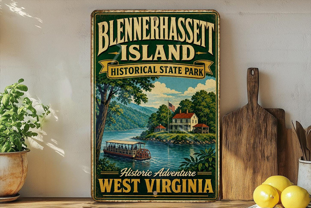 A vintage-style sign for Blennerhaslett Island, a historic state park in West Virginia, featuring a scenic illustration of a boat on a river surrounded by lush greenery.