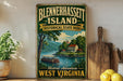 A vintage-style sign for Blennerhaslett Island, a historic state park in West Virginia, featuring a scenic illustration of a boat on a river surrounded by lush greenery.