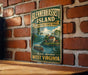 A vintage-style metal sign for Blennerhasselt Island, Historic State Park, West Virginia, featuring a scenic illustration of a river and a boat.