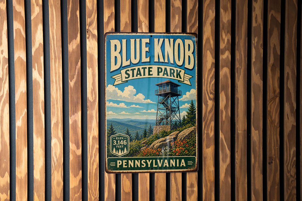 A vintage metal sign for Blue Knob State Park in Pennsylvania, featuring a scenic illustration of a lookout tower and mountains.