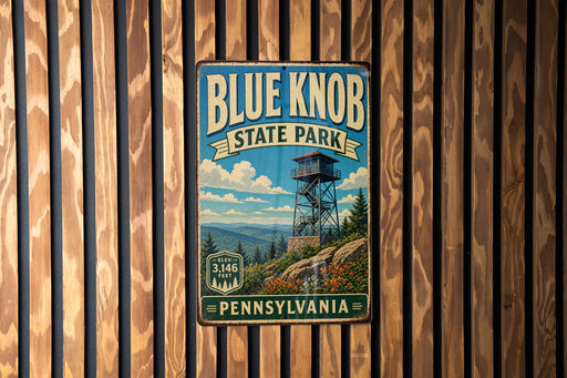 A vintage metal sign for Blue Knob State Park in Pennsylvania, featuring a scenic illustration of a lookout tower and mountains.