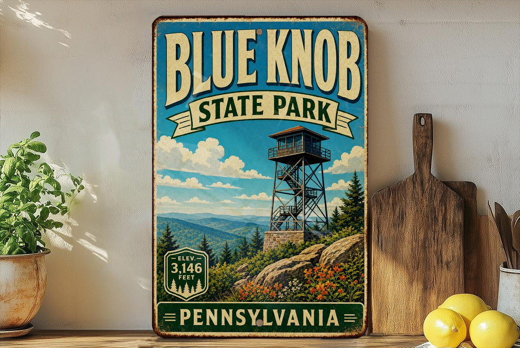 A vintage-style sign for Blue Knob State Park in Pennsylvania, featuring a scenic mountain landscape with a lookout tower.