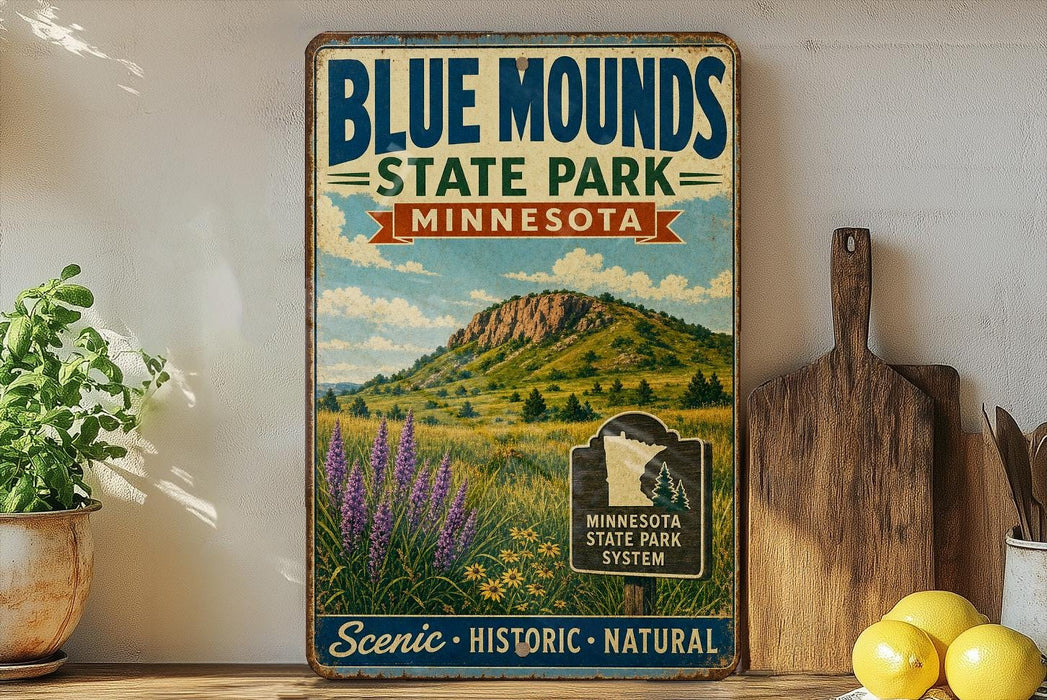 A vintage-style sign for Blue Mounds State Park in Minnesota, featuring a scenic landscape with mountains, grass, and wildflowers.