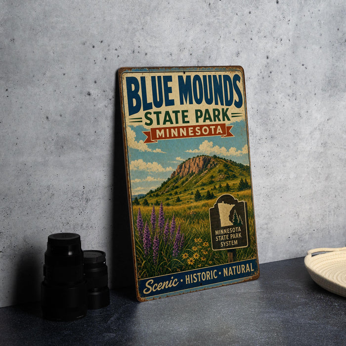 A vintage-style sign for Blue Mounds State Park in Minnesota, featuring a scenic landscape with a mountain and wildflowers.