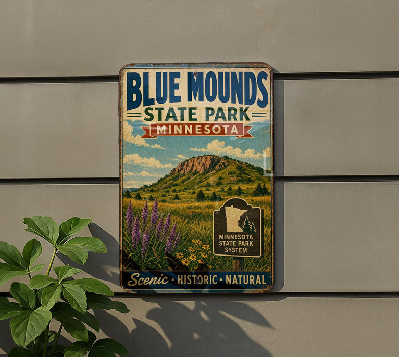 A vintage-style metal sign for Blue Mounds State Park in Minnesota, featuring a scenic landscape with mountains, flowers, and a pine tree.