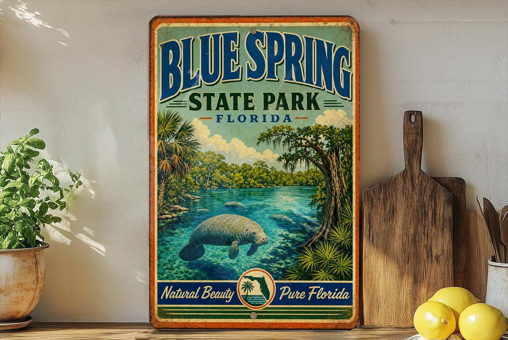 A vintage-style sign for Blue Spring State Park in Florida, featuring a manatee swimming in a tropical landscape.