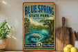 A vintage-style sign for Blue Spring State Park in Florida, featuring a manatee swimming in a tropical landscape.