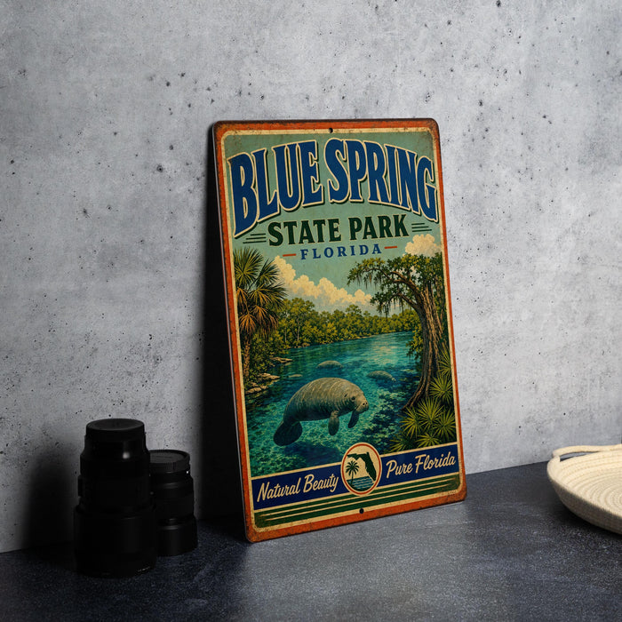 A vintage-style sign for Blue Spring State Park, Florida, featuring a manatee and a tropical landscape.