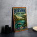 A vintage-style sign for Blue Spring State Park, Florida, featuring a manatee and a tropical landscape.