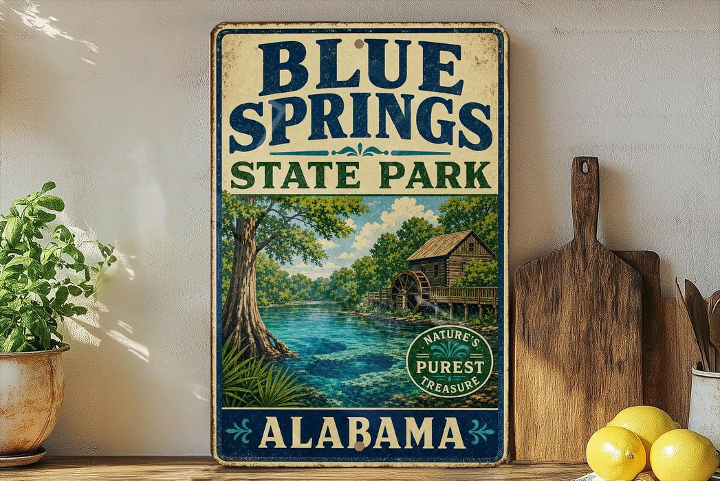 A vintage-style sign for Blue Springs State Park in Alabama, featuring a scenic illustration of a river, trees, and a wooden cabin.