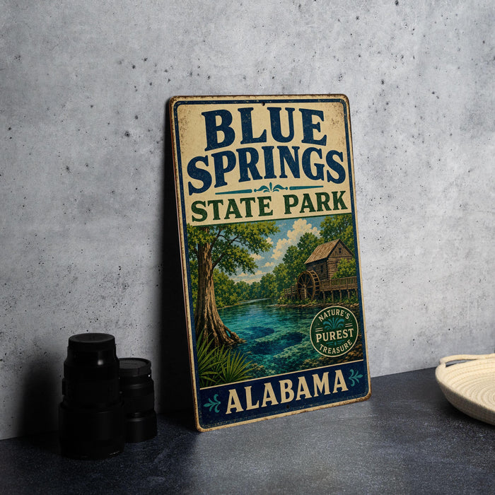 A vintage-style sign for Blue Springs State Park in Alabama, featuring a scenic illustration of a river, trees, and a wooden cabin.