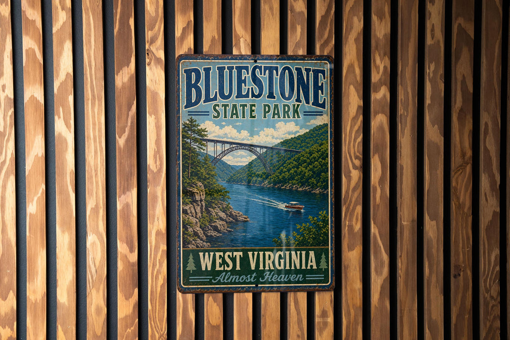 A vintage-style metal sign for Bluestone State Park, featuring a scenic image of a river and bridge, mounted on a wooden wall.