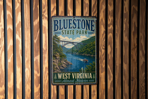 A vintage-style metal sign for Bluestone State Park, featuring a scenic image of a river and bridge, mounted on a wooden wall.