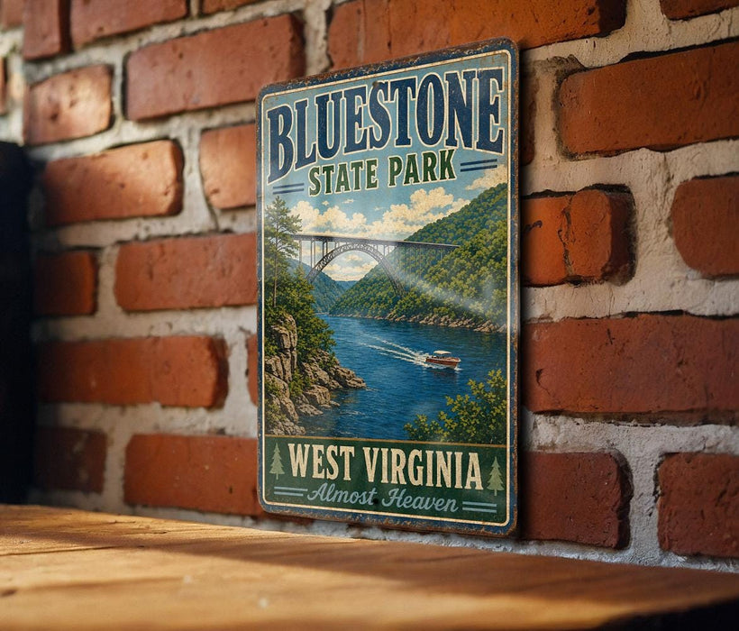 A vintage-style metal sign for Bluestone State Park, featuring a scenic image of a river and bridge, mounted on a brick wall.
