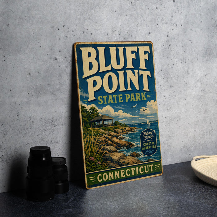 A vintage-style sign for Bluff Point State Park in Connecticut, featuring a scenic illustration of the park and its surroundings.