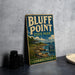 A vintage-style sign for Bluff Point State Park in Connecticut, featuring a scenic illustration of the park and its surroundings.