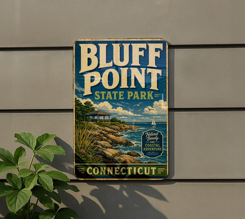 A vintage-style sign for Bluff Point State Park in Connecticut, featuring a scenic coastal landscape with a sailboat and rocky shoreline.