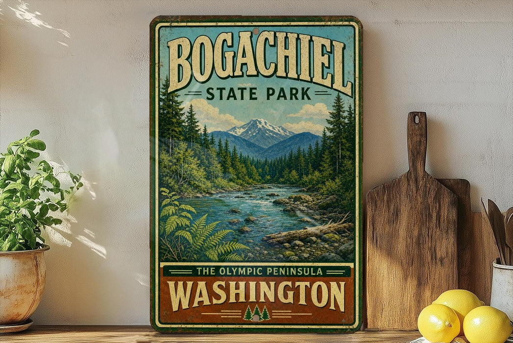 A vintage-style sign for Bogachiel State Park, featuring a scenic mountain landscape with a river and pine trees, is displayed on a wooden shelf next to a wooden cutting board and some lemons.