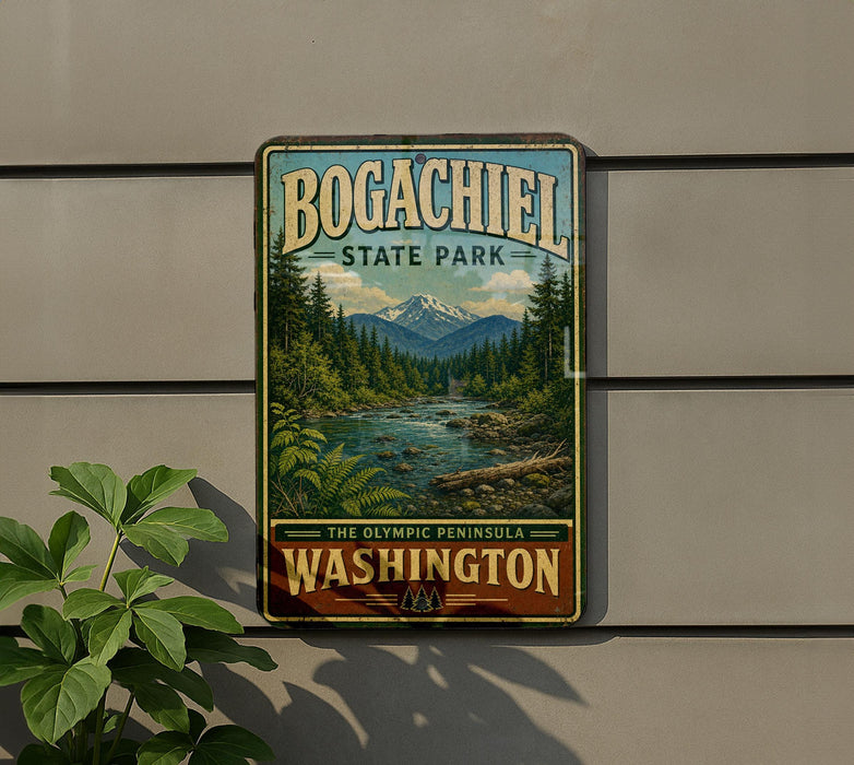 A vintage-style metal sign for Bogachiel State Park in Washington, featuring a scenic landscape with mountains, pine trees, and a river.