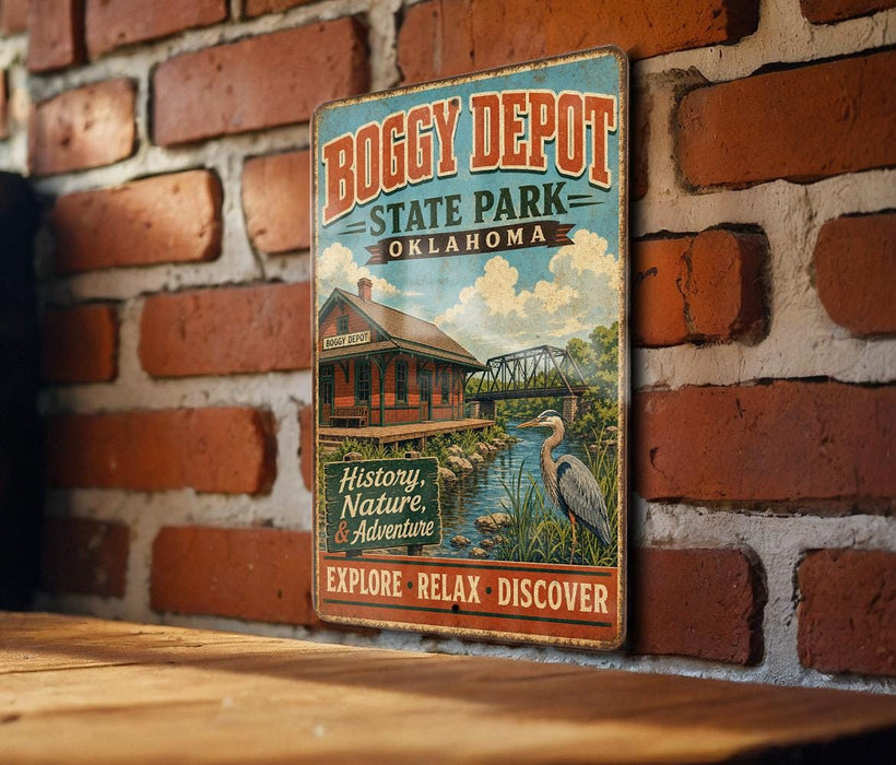 A vintage-style metal sign for Boggy Depot State Park in Oklahoma, featuring a scenic illustration of a building and a bird, mounted on a brick wall.