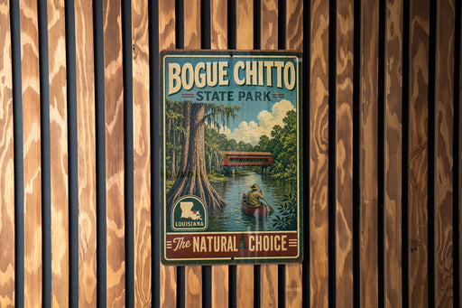 A vintage-style metal sign for Bogue Chitto State Park in Louisiana, featuring a scenic illustration of a person in a canoe on a river surrounded by lush greenery.