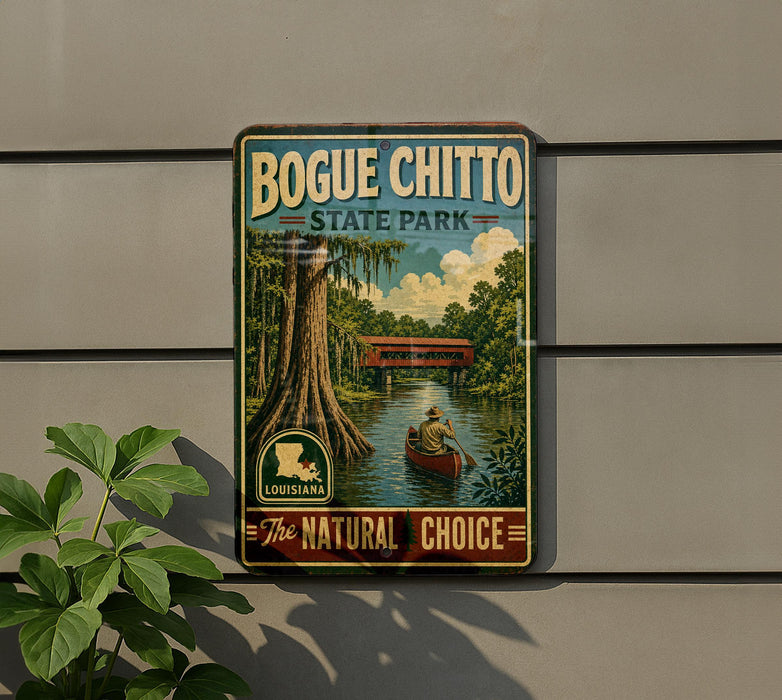 A vintage-style sign for Bogue Chitto State Park in Louisiana, featuring a scenic illustration of a person in a canoe on a river surrounded by lush greenery.