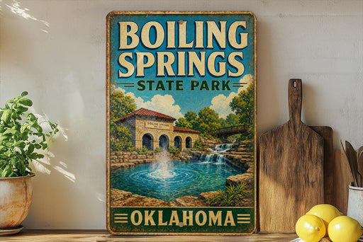 A vintage-style sign for Boiling Springs State Park in Oklahoma, featuring a scenic illustration of a pond with a waterfall and a building in the background.