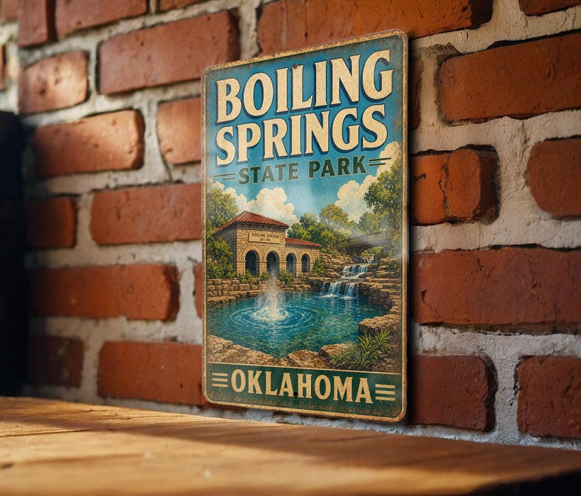 A vintage-style metal sign for Boiling Springs State Park in Oklahoma, featuring a scenic image of a waterfall and a building.