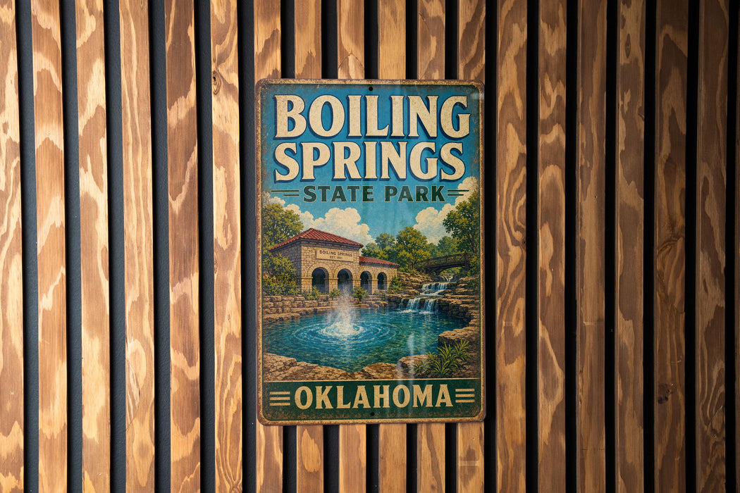 A vintage metal sign for Boiling Springs State Park in Oklahoma, featuring a scenic illustration of a pond with a waterfall and a bridge.