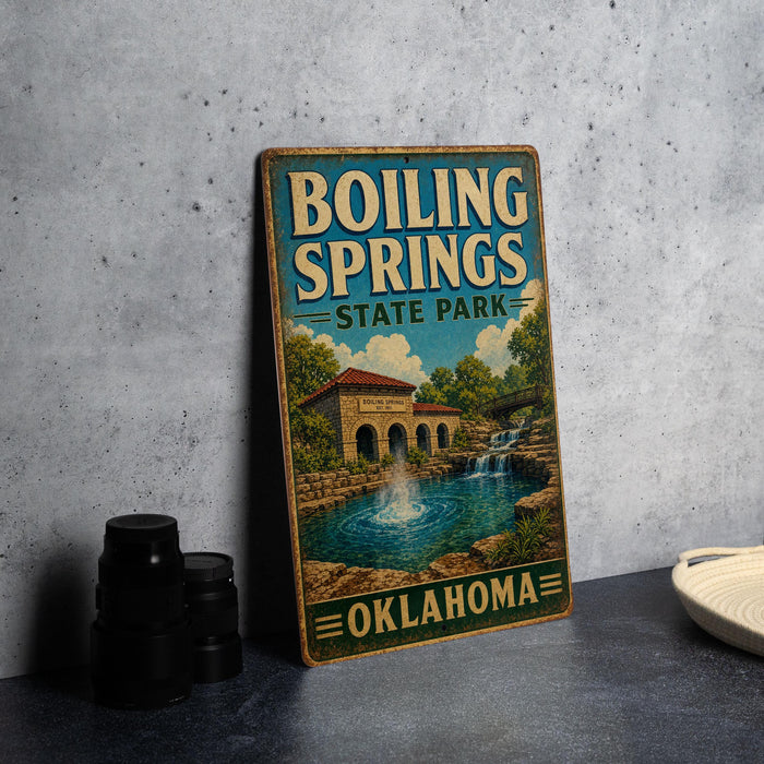 A vintage-style sign for Boiling Springs State Park in Oklahoma, featuring a scenic illustration of a waterfall and a building.