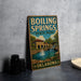 A vintage-style sign for Boiling Springs State Park in Oklahoma, featuring a scenic illustration of a waterfall and a building.